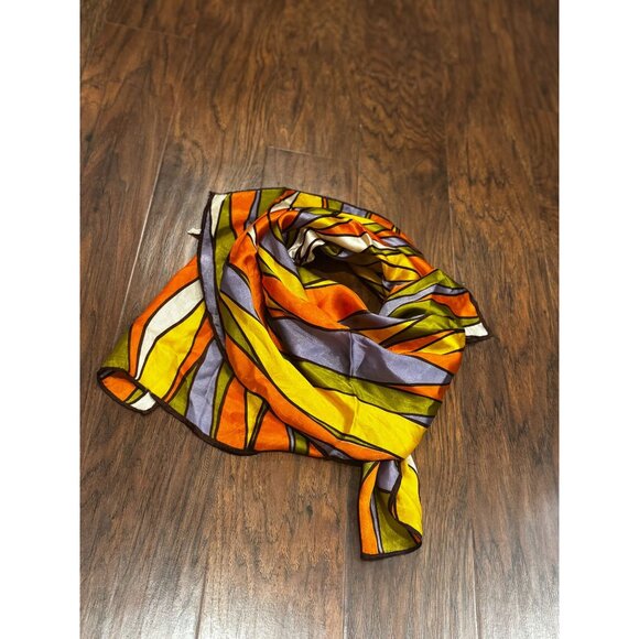Vintage Acetate Scarf With Retro Striped Design In Orange Yellow Green & Purple - Picture 2 of 7